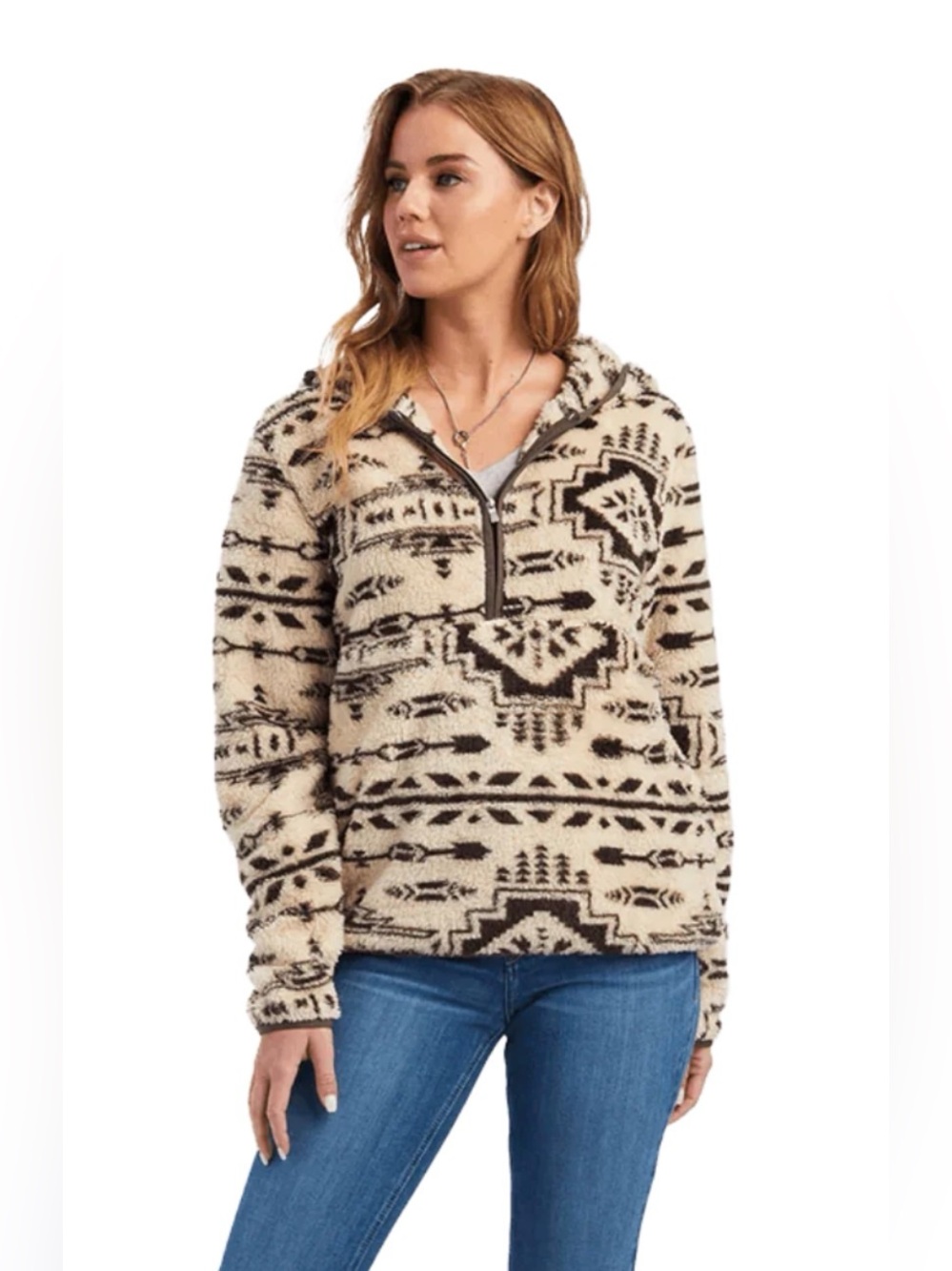 Ariat REAL Berber Pullover Sweatshirt French Oak Banyan Park Aztec Print Large